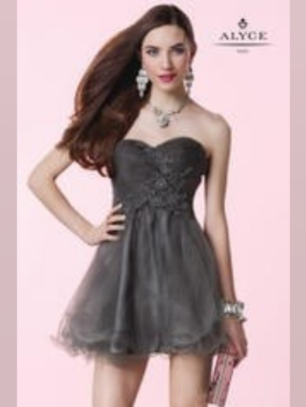 Alyce Paris A-line short Dress with tulle skirt and lace - Gray